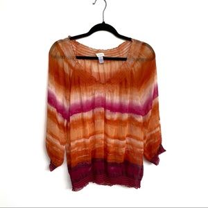 CHICO’S, Ombré Top Elastic Neck Sz:2 Orange&Pink